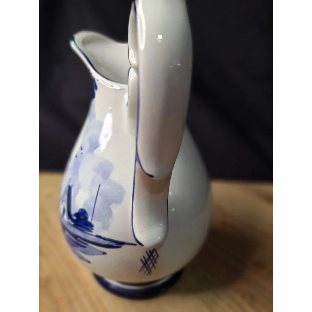 Delft Madfin Holland Blue White Windmill Pitcher Handpainted Vintage Ceramic 6+